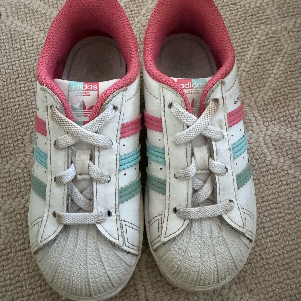 Adidas Kids' White Sneakers with Pink and Blue Stripes